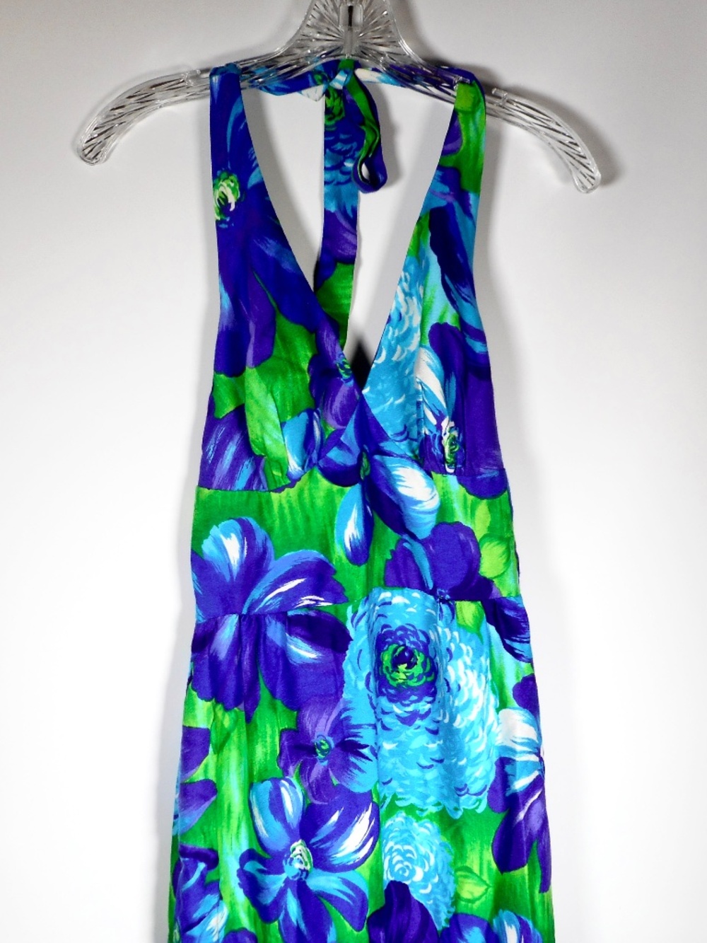VTG 60s 70s Kimos Polynesian Shop S M Blue Green Floral Hawaiian Dress Halter